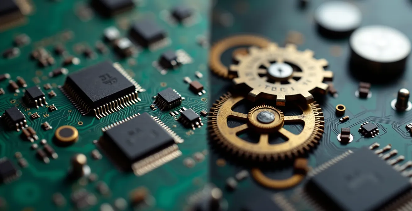 Vue macro comparant une carte électronique moderne avec un mécanisme d'horloge vintage