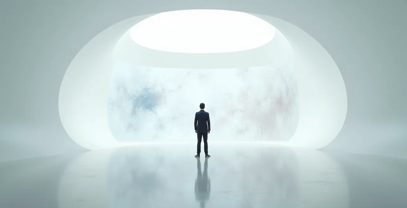 Centre de contrôle moderne avec architecture épurée et espaces ouverts