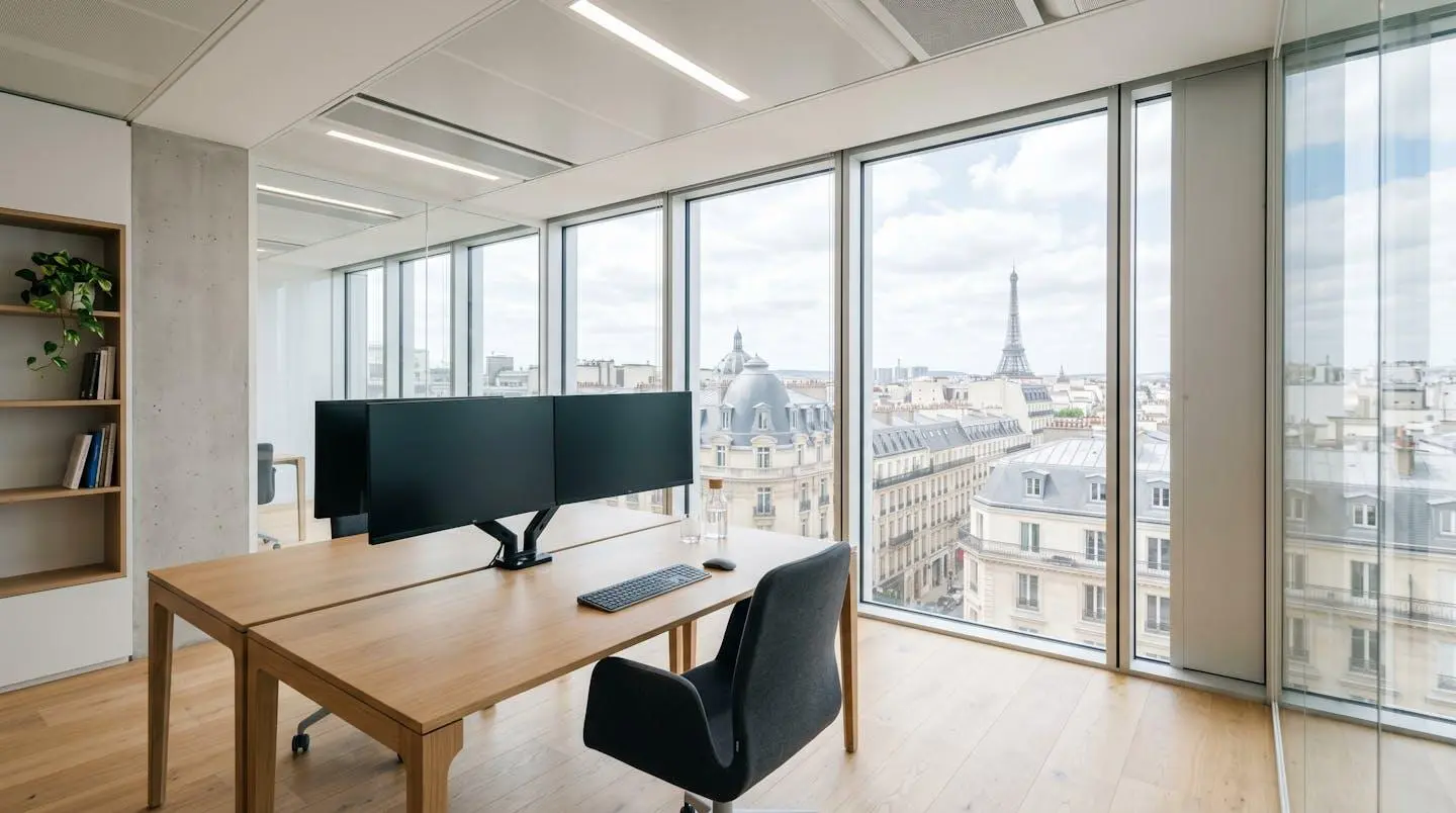 Bureau professionnel moderne avec double écran et large fenêtre laissant entrer la lumière naturelle