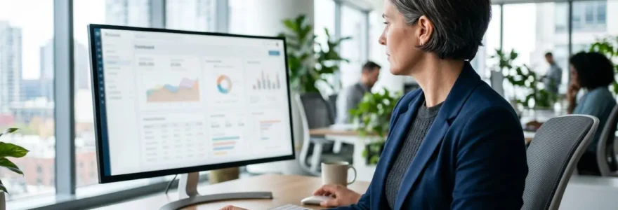 Un directeur financier consulte un tableau de bord sur grand écran dans un bureau contemporain lumineux