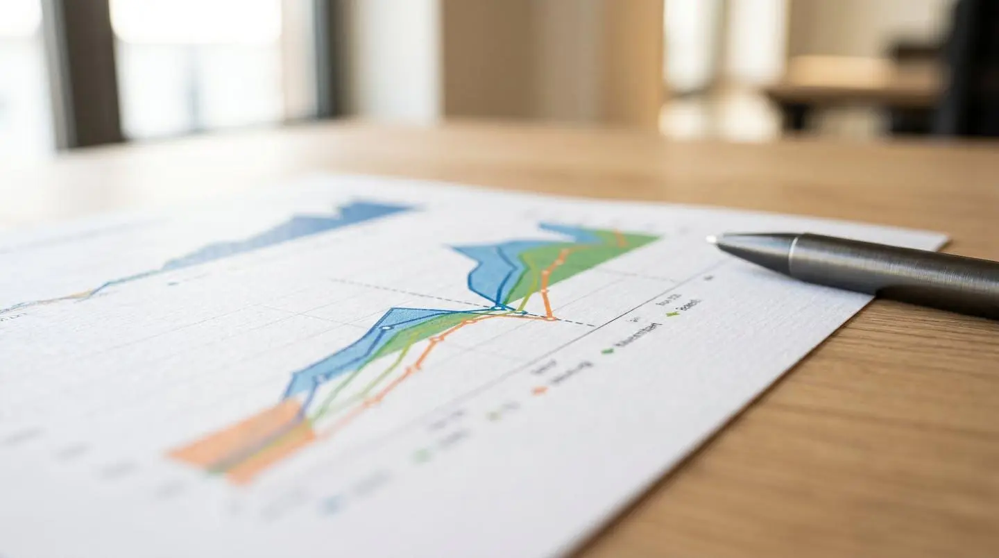 Gros plan sur un graphique financier avec courbes ascendantes et descendantes posé sur un bureau moderne