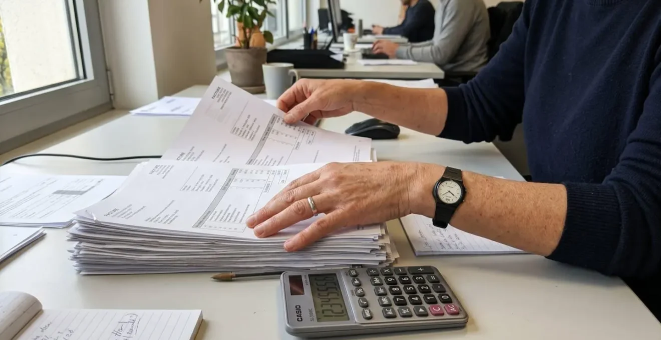 Personne consultant une montre-bracelet tout en relisant des factures impayées sur un bureau avec documents comptables