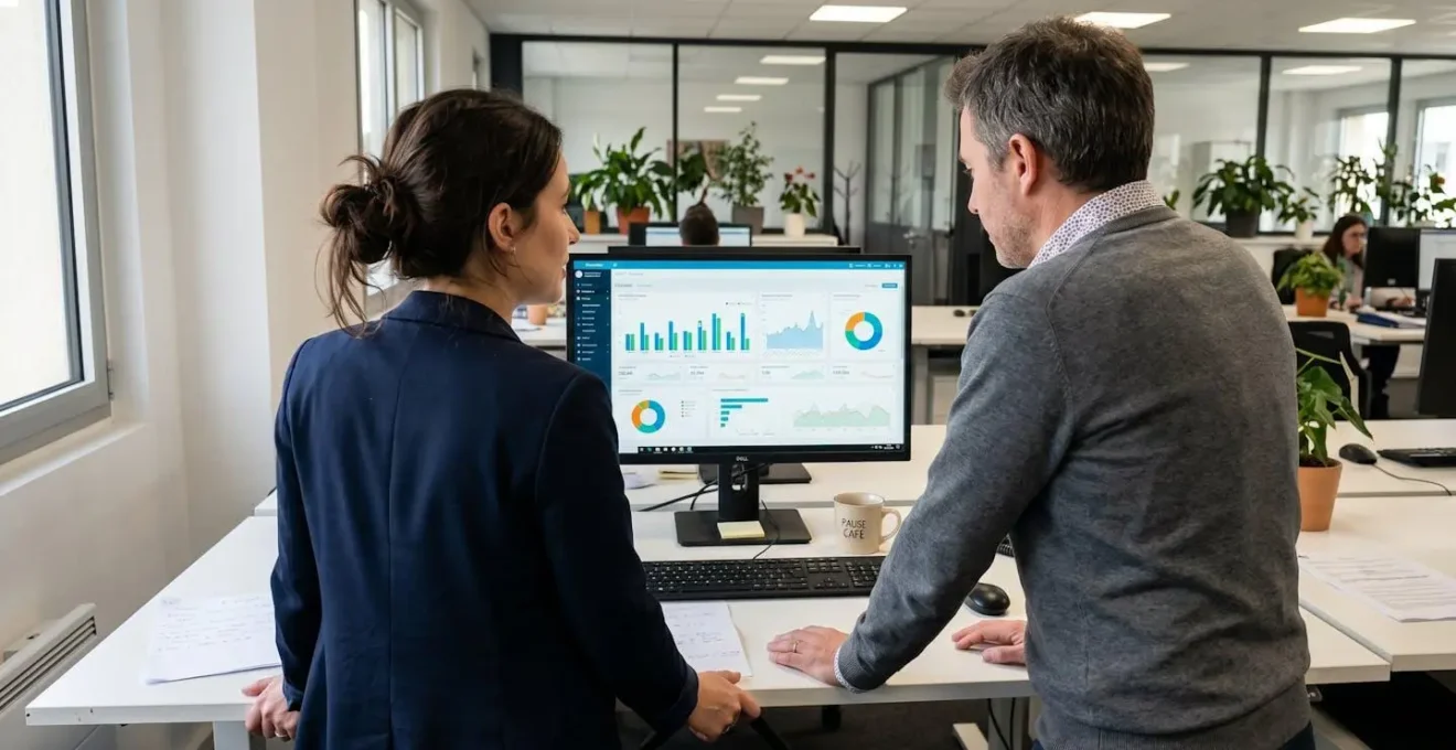 Deux professionnels vus de dos analysent un tableau de bord financier sur écran dans un bureau contemporain éclairé par la lumière naturelle