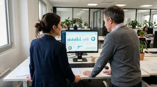 Deux professionnels vus de dos analysent un tableau de bord financier sur écran dans un bureau contemporain éclairé par la lumière naturelle