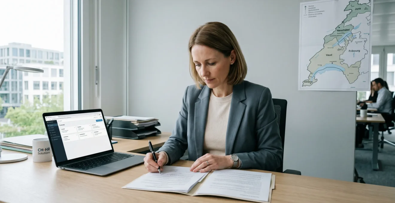 Responsable RH travaillant dans un bureau moderne avec documents de contrats de travail suisses et carte de la Suisse romande au mur