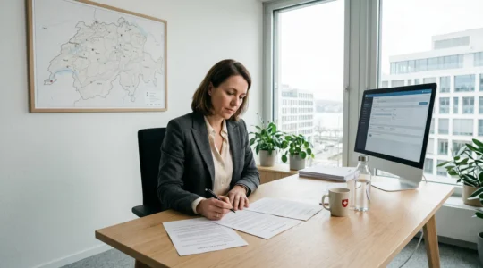 Responsable RH travaillant dans un bureau moderne avec documents de contrats de travail suisses et carte de la Suisse romande au mur