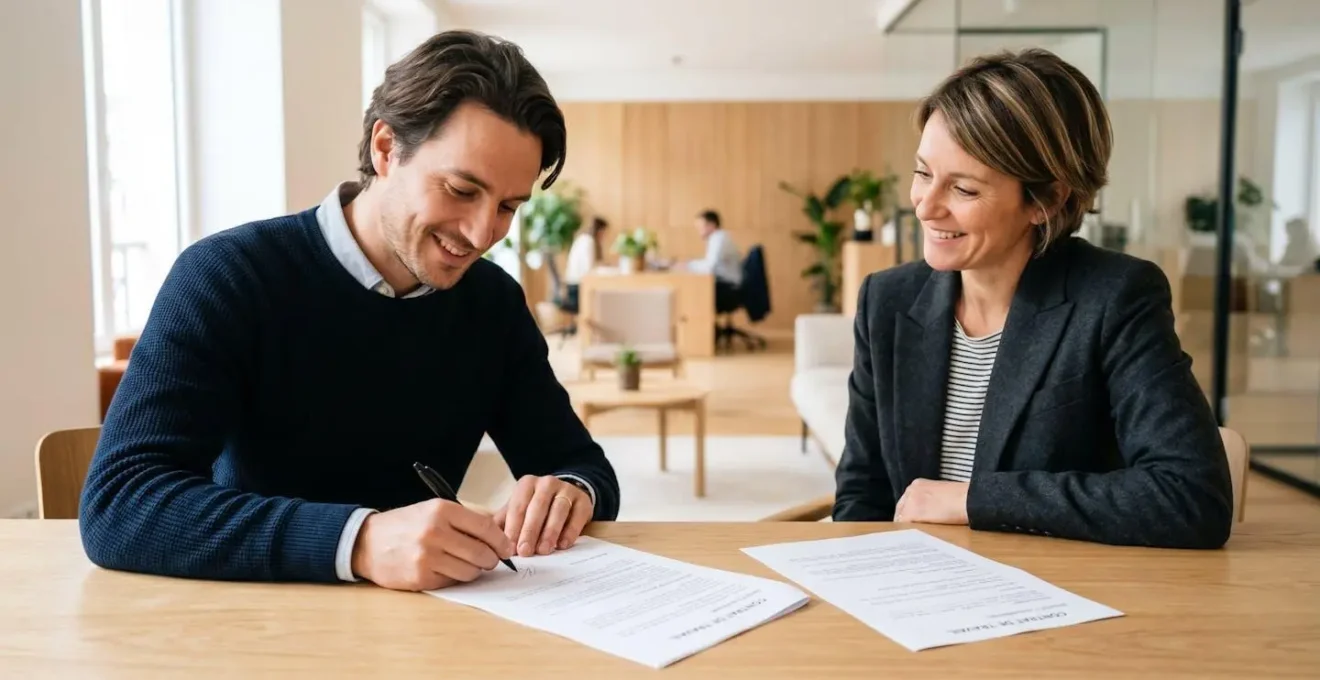 Signature d'un contrat de travail en français entre un candidat et une représentante RH dans un bureau moderne
